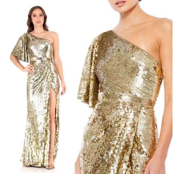 Mac Duggal Gold Sequin One Shoulder High Slit Evening Gown Dress sz 10 NWT $698